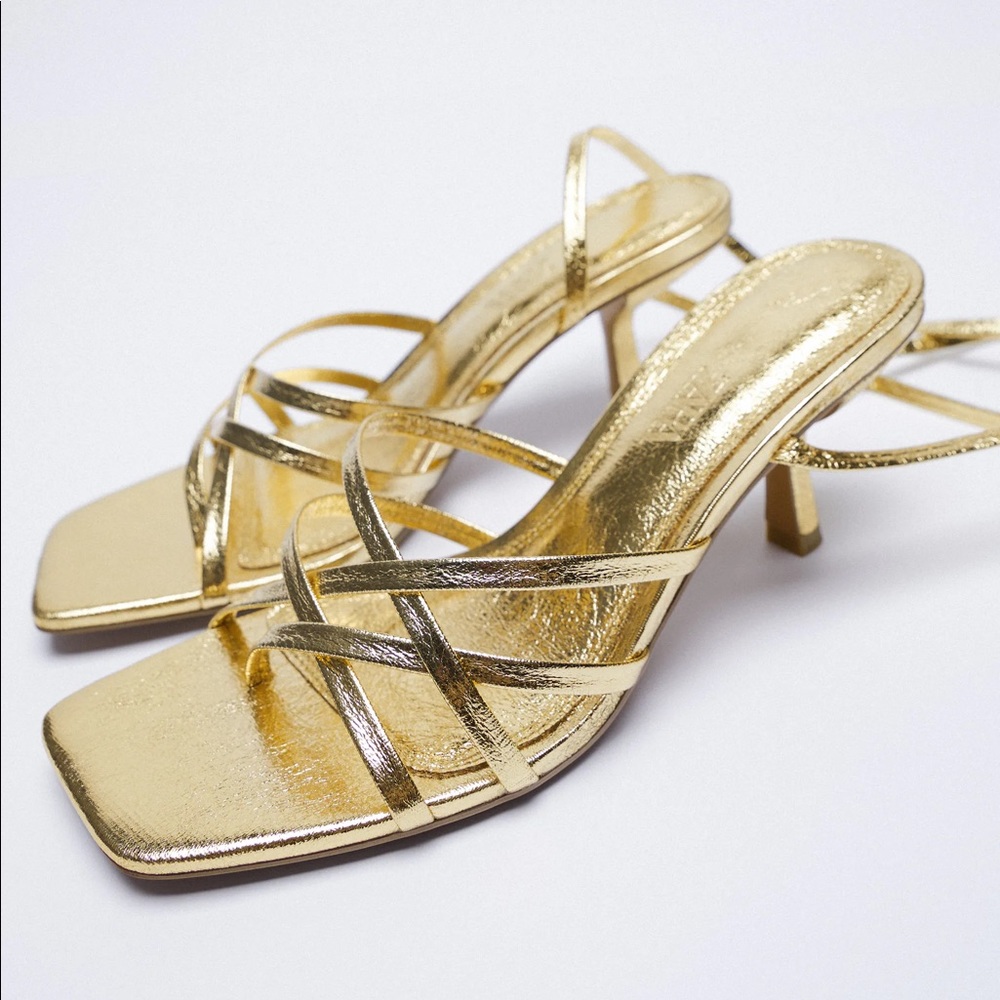 Zara Metallic Tie Heeled Sandals
